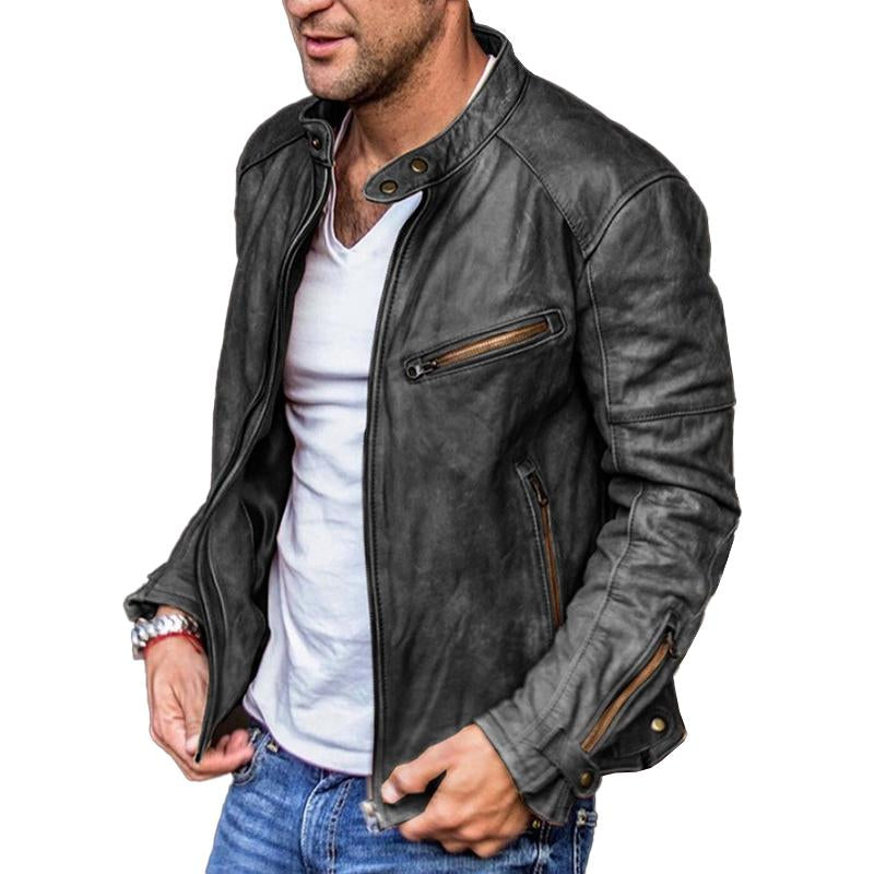 Men's Vintage Stand Collar Punk Zipper Leather Biker Jacket 03694388M