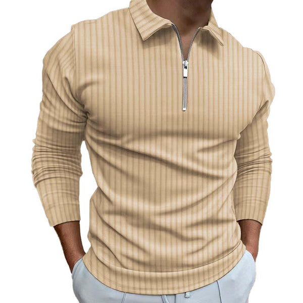 Men's Casual Striped Lapel Long Sleeve Zipper Polo Shirt 19330625M