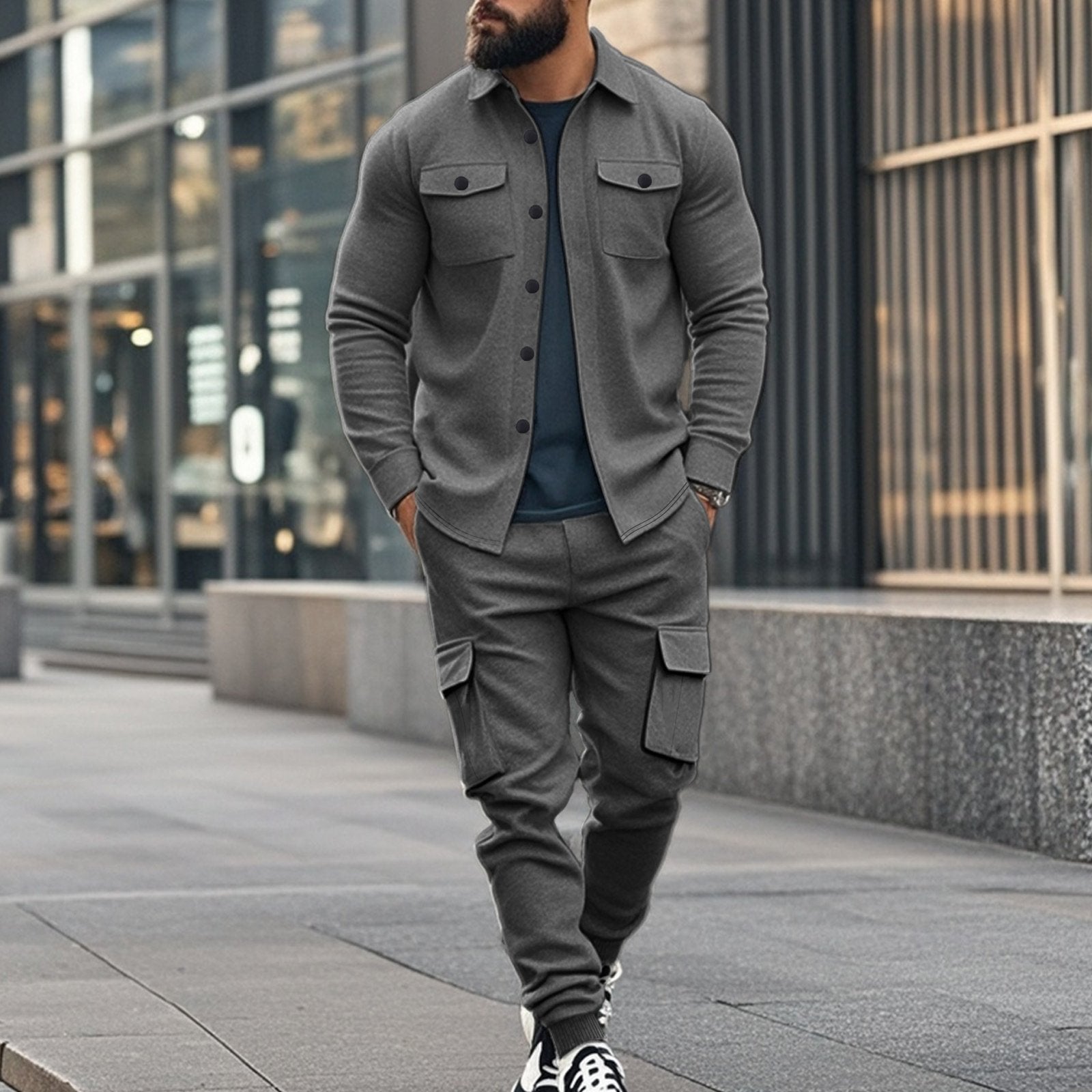 Men's Fleece Warm Lapel Jacket And Cargo Pants Set 16565882Y