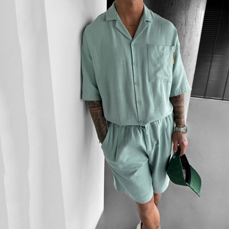 Men's Solid Color Lapel Chest Pocket Short Sleeve Shirt Shorts Set 82979969Y