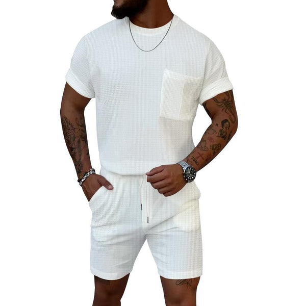 Men's Casual Round Neck Waffle Patch Short Sleeve T-Shirt Sports Shorts Set 41125431M