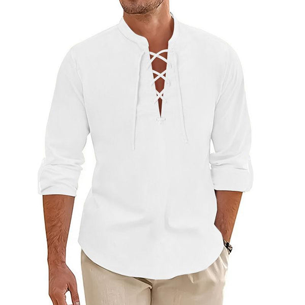 Men's Casual Cotton Linen Stand Collar Cross Strap Long Sleeve Shirt 68220667M