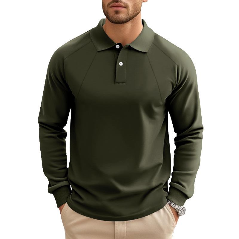 Men's Casual Solid Color Lapel Raglan Long Sleeve Polo Shirt 47889552M