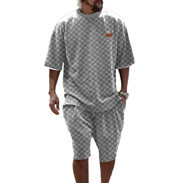 Men's Casual Checkerboard Round Neck Short-Sleeved T-Shirt Loose Shorts Set 77352811M