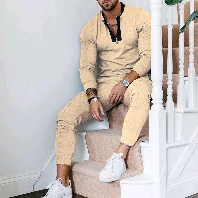 Men's Stitching Stand Collar Half Zipper Casual Long Sleeve Two-piece Set 79501547X