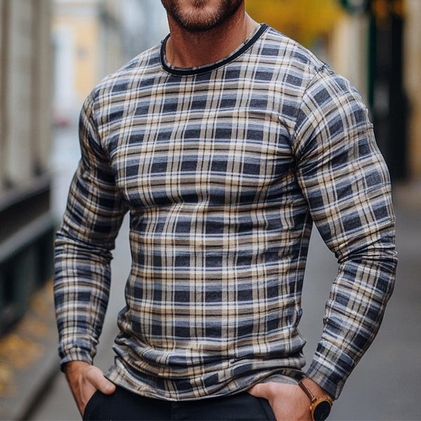 Men's Retro Casual Plaid Printed Round Neck Long Sleeve T-Shirt 35002790TO