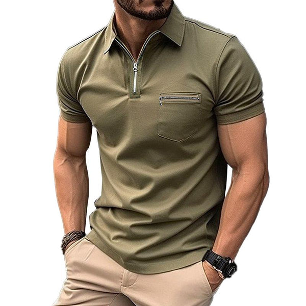 Men's Casual Solid Color Zipper Chest Pocket POLO Shirt 88005844Y