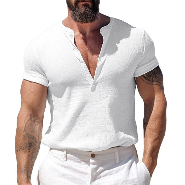 Men's Casual Solid Color Cotton Henley Collar Short Sleeve Shirt 27830003Y