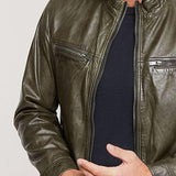 Men's Vintage Army Green Leather Jacket 07697462U