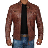 Men's Vintage Stand Collar Zipper Slim Fit Leather Biker Jacket 91469173M