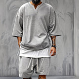 Men's Solid Color Loose V-Neck Short-Sleeved T-Shirt Shorts Set 80546626Y