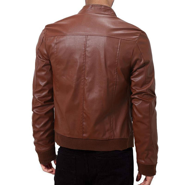 Men's Retro Solid Color Warm Zip Stand Collar Leather Jacket 62977591Y