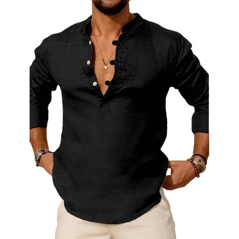 Men's Casual Solid Color Loose Long Sleeve Lapel Henley Shirt 28594638M