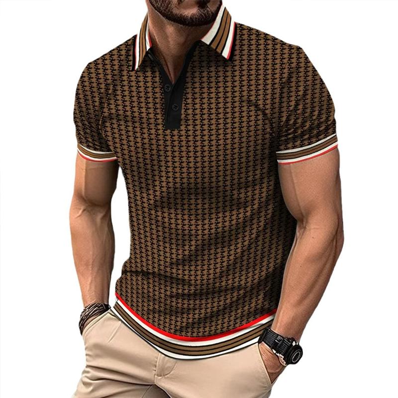 Men's Casual Houndstooth Color Block Short Sleeve POLO Shirt 51904569X