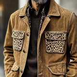 Men's Khaki Washed Denim Leopard Print Jacket 51883225U