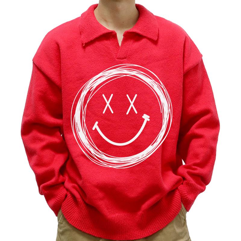 Men's Casual Polo Collar Smiley Print Long Sleeve Pullover Sweater 54341461M