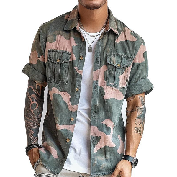 Men's Camouflage Print Cargo Short Sleeve Shirt 93464761Y
