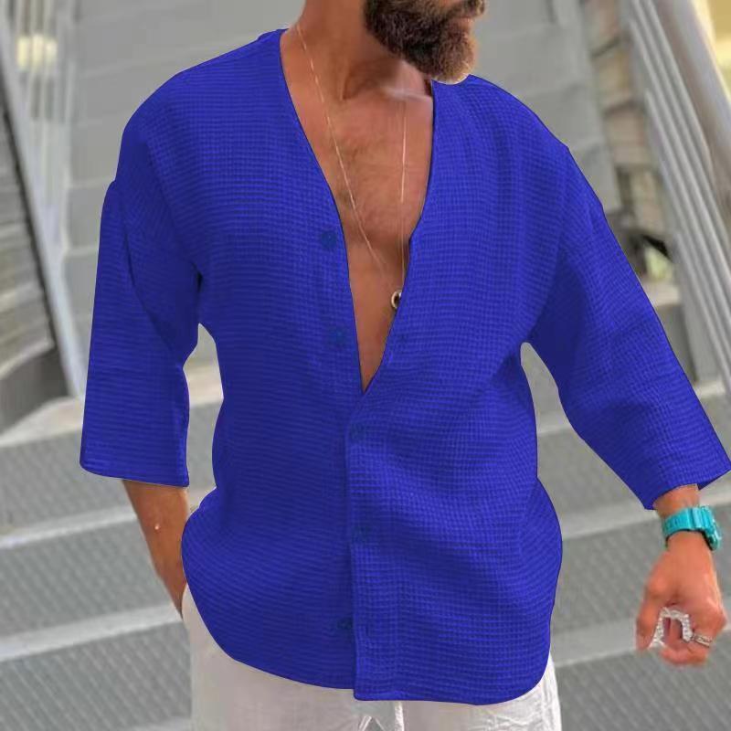 Men's Solid Color Loose Casual Retro Cropped Sleeve Shirt 99343489X