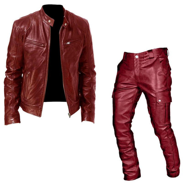 Men's Vintage Rugged Style Leather Jacket Leather Pants Set 76374728Y