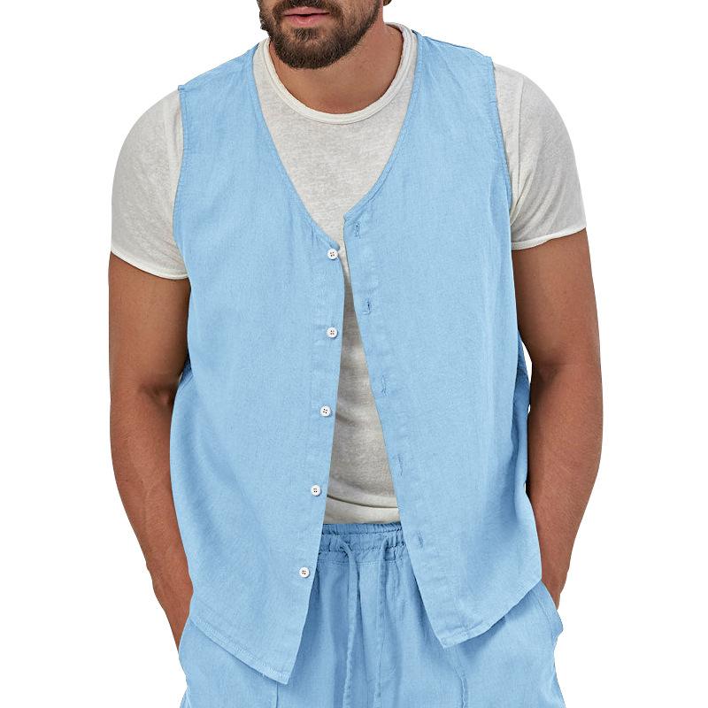 Men's Single Breasted Casual Solid Color Linen V-Neck Vest 69545873X