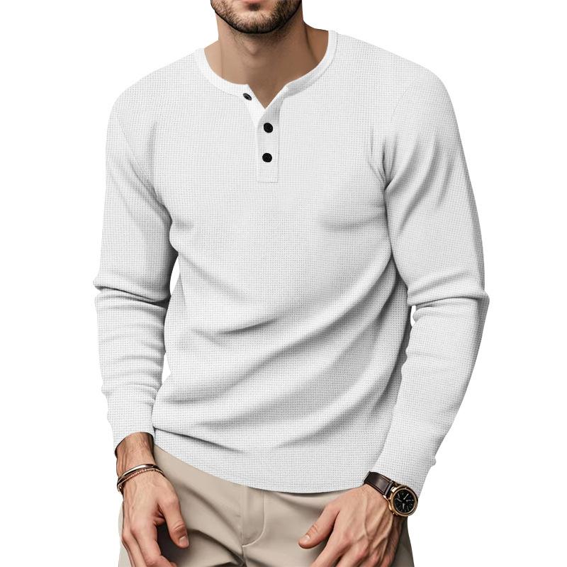 Men's Solid Color Waffle Henley Collar Long Sleeve Casual T-shirt 72561804Z