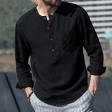 Men's Casual Cotton Linen Chest Pocket Henley Collar Long Sleeve Shirt 64305490Y