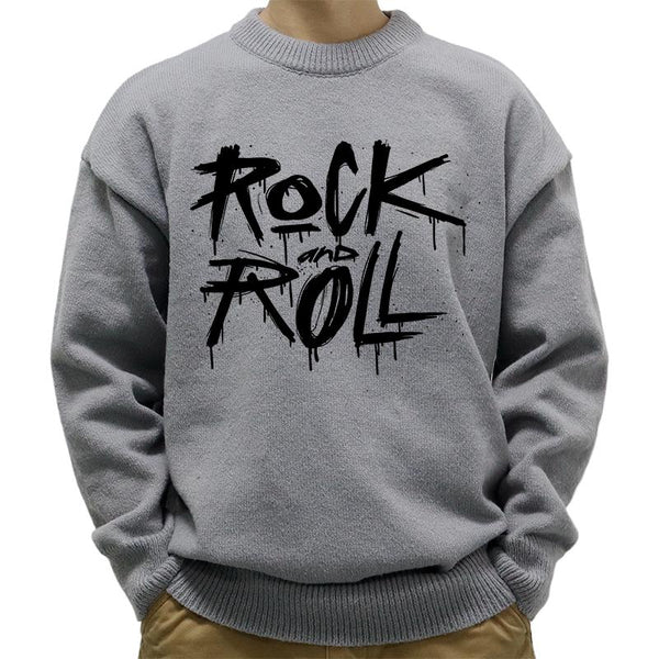 Men's Casual Round Neck Rock And Roll Print Long Sleeve Pullover Sweater 01398827M