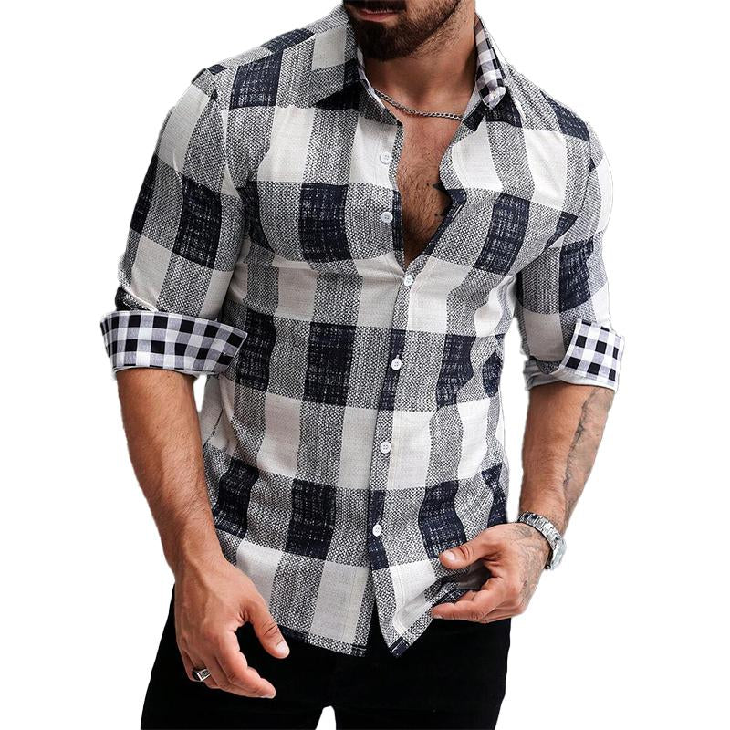 Men's Plaid Lapel Long Sleeve Shirt 18362575X