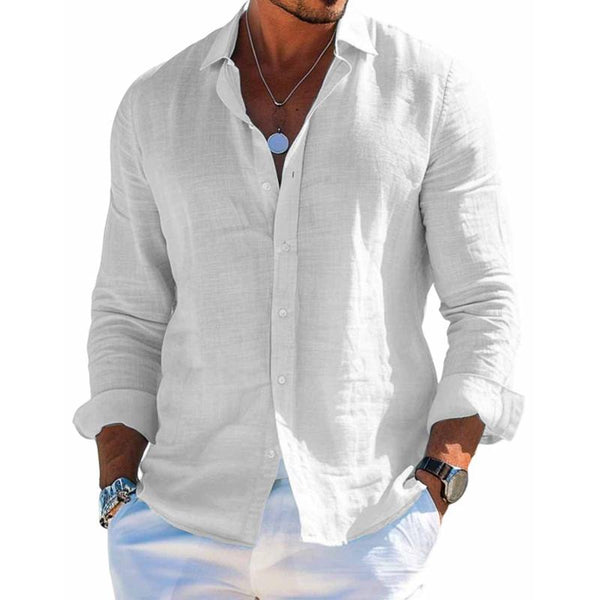 Men's Cotton and Linen Casual Solid Color Lapel Shirt 31793795X