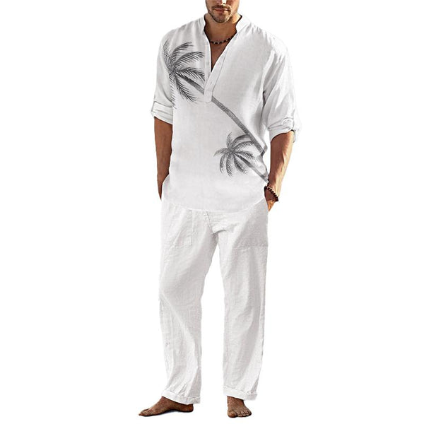 Men's Casual Coconut Tree Print Henley Collar Long Sleeve Shirt Trouser Set 39979220Y