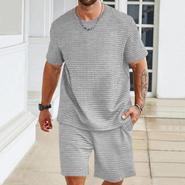 Men's Casual Checkered Jacquard Loose Round Neck T-Shirt Shorts Set 75909764M
