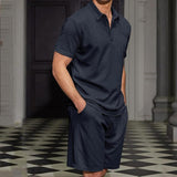Men's Solid Waffle Lapel Short Sleeve Polo Shirt Shorts Casual Set 45913310Z