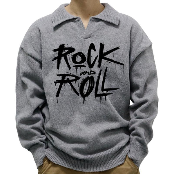 Men's Casual Polo Collar Rock And Roll Print Long Sleeve Pullover Sweater 17953618M