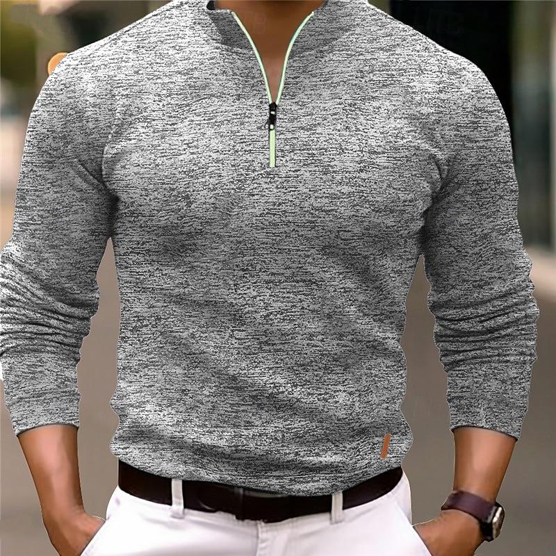 Men's Casual Mixed Color Zipper Stand Collar Long Sleeve Polo Shirt 86164561Y