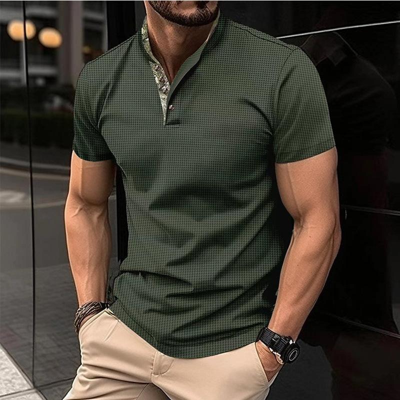 Men's Solid Color Waffle Stand Collar Short Sleeve  Shirt 29674838X