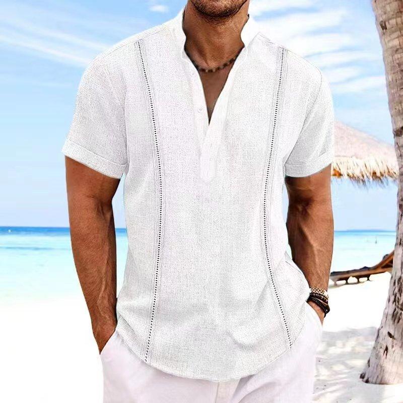 Men's Casual Cotton Linen Stand Collar Pullover Short-Sleeved Shirt 22390311M