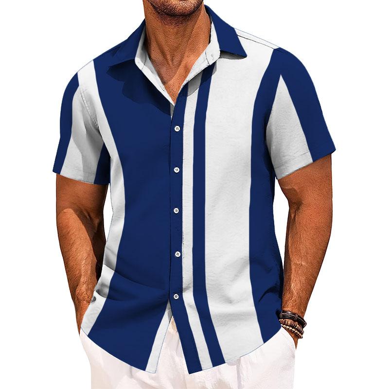 Men's Retro Color Block Lapel Short Sleeve Shirt 24110727TO