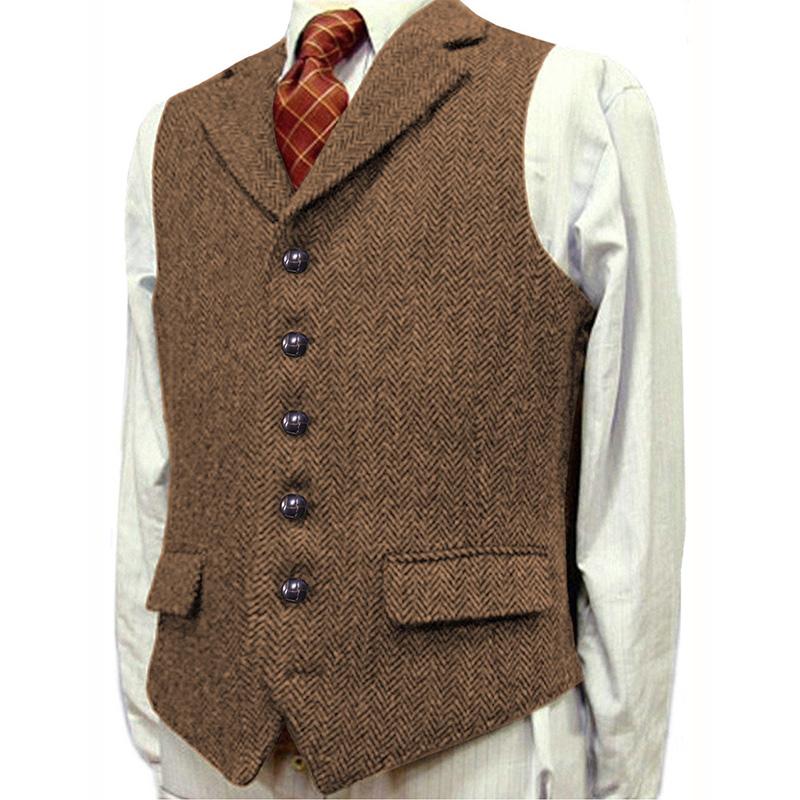 Men's Vintage Lapel Herringbone Single Breasted Suit Vest 96979880M