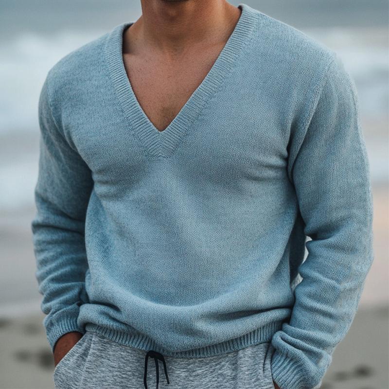 Men's Retro V-neck Casual Knitted Sweater 30175624U