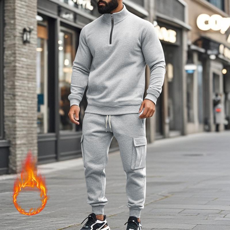 Men's Solid Color Casual Plush Warm Zipper Stand Collar Sweatshirt Sweatpants Set 08038864Y