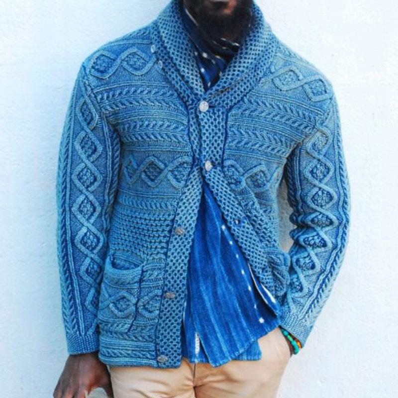 Cárdigan de punto de un solo pecho con solapa y cable de color liso vintage para hombre 99102042M