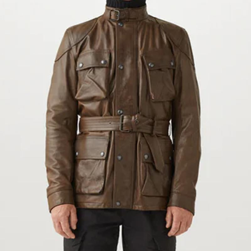 Men's Vintage Stand Collar Multi-Pocket Belt Zip Leather Safari Jacket 19094630M