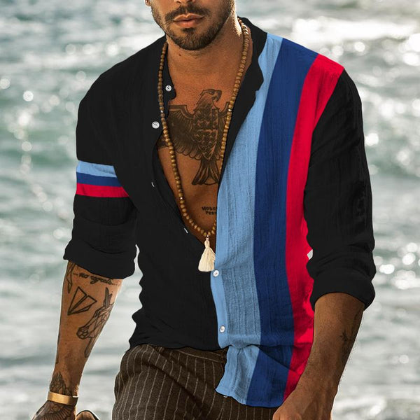 Men's Retro Striped Beach Stand Collar Long Sleeve Shirt 48886972TO