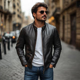 Men's Elegant Stand Collar Slim Zipper Leather Jacket 56943716M