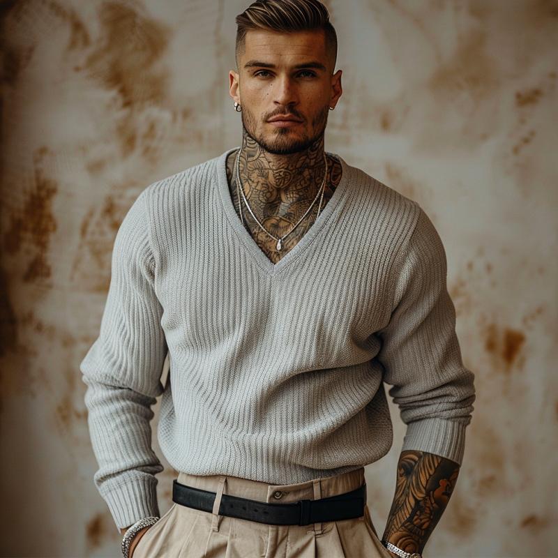 Men's Casual V-neck Knitted Sweater 07003740X