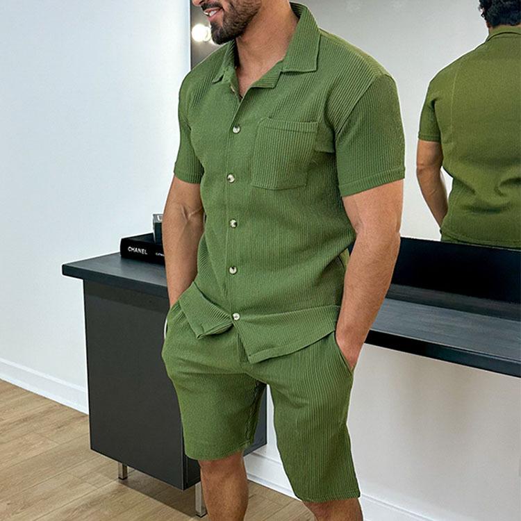 Men's Casual Cotton Blend Comfort Lapel Short Sleeve Shirt Loose Shorts Set 85900571M