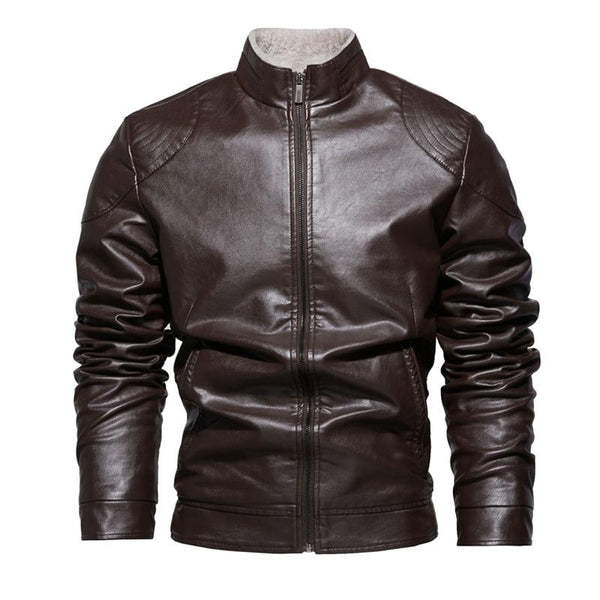 Men's Motorcycle Solid Color Vintage Zipper Stand Collar Leather Jacket 49955406X