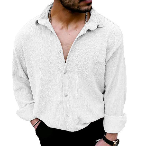 Men's Solid Loose Linen Lapel Long Sleeve Shirt 20359085Z
