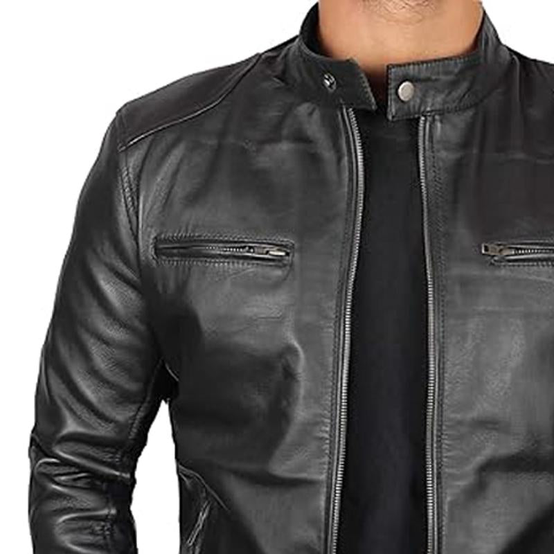 Men's Black Zip Stand Collar Leather Jacket 02083408U