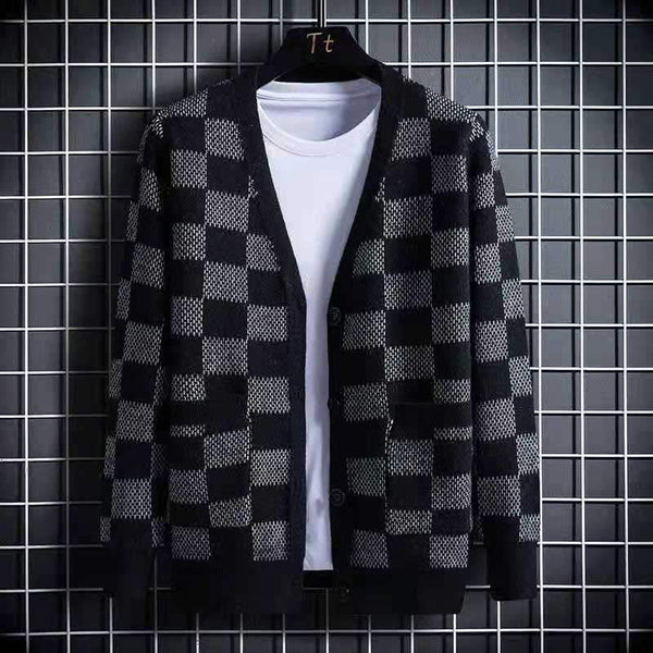 Men's Plaid Jacquard V-neck Knit Cardigan 85043698X